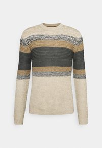 Gebreide trui met lange mouwen, voorzien van horizontale strepen in beige, donkergrijs, goud en zwart. Ronde halslijn met geribbelde textuur.