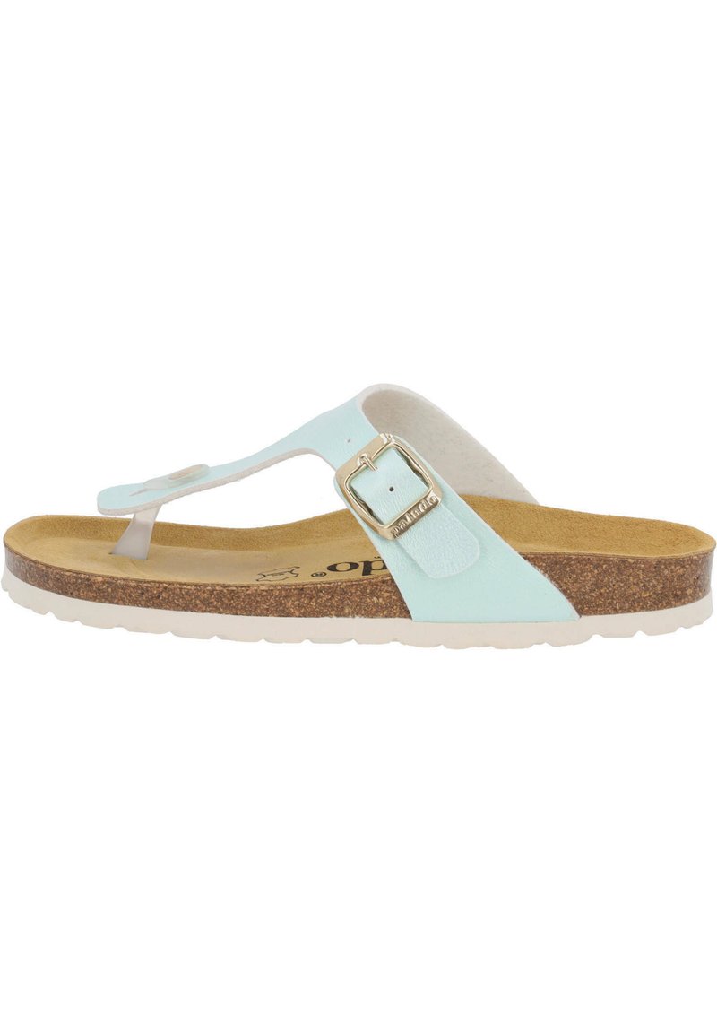 Ljusblå tanga sandal med en spänneaccent, korkfotbädd och strukturerad gummisula, designad för komfort och stil.