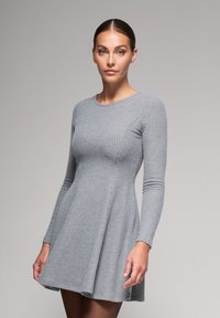 Abito grigio a maniche lunghe con coste, dotato di un corpetto aderente e gonna svasata. Tessuto liscio con sottili righe verticali e scollatura rotonda.