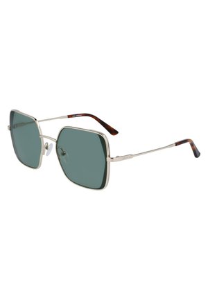Occhiali da sole quadrati in metallo con lenti verdi, sottile montatura argento e aste accentate in marrone. Presentano cuscinetti per il naso per il massimo comfort.