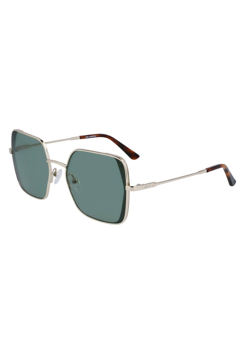 Occhiali da sole quadrati in metallo con lenti verdi, sottile montatura argento e aste accentate in marrone. Presentano cuscinetti per il naso per il massimo comfort.
