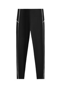 Leggings de sport noirs avec taille haute et fines bandes réfléchissantes le long des côtés extérieurs et des hanches supérieures.