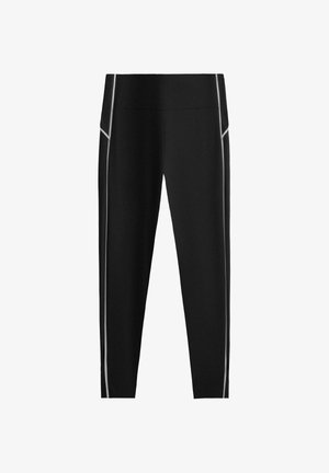 Black athletic leggings with high waist and thin reflective stripes along outer sides and upper hips.