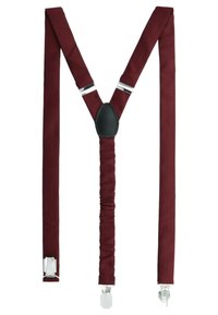 Burgunderfarbene Stoffträger mit silbernen Clips, lederner Mittelpunkte, und strukturierten Riemen, die eine 'M'-Form bilden.