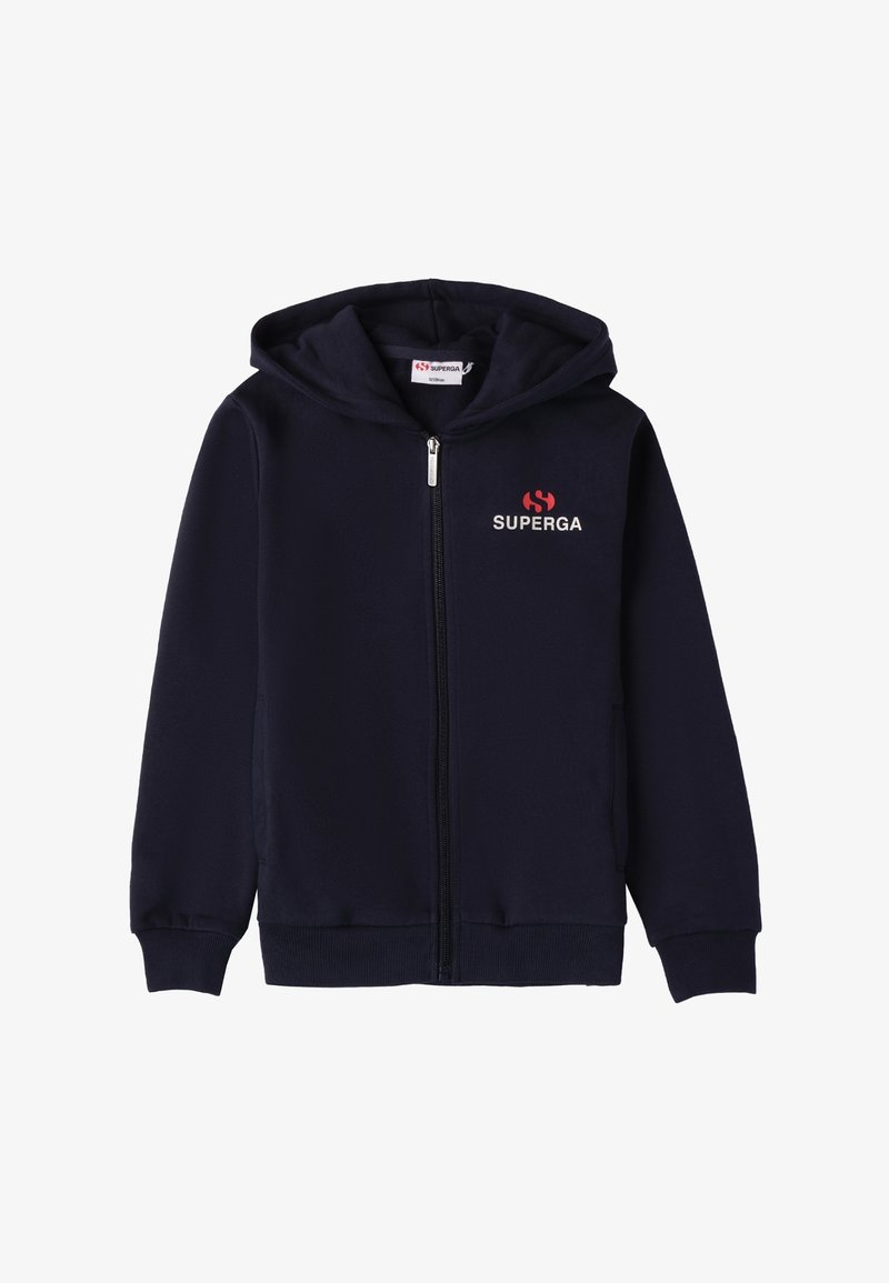 Sudadera con cremallera de color navy, hecha de tejido suave, que cuenta con un bolsillo tipo canguro en la parte delantera, puños acanalados y un logotipo rojo de "SUPERGA" en el pecho.