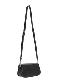 Geantă crossbody din piele neagră, cu finisaj neted, formă dreptunghiulară, curea reglabilă și închidere cu clapetă, având detalii discrete de cusătură.