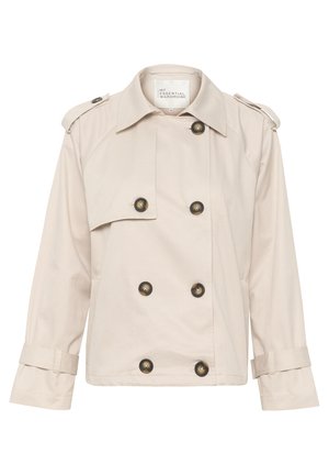 Beige double-breasted trench jacket made of cotton with gold-tone buttons, shoulder epaulets, and rolled cuffs. Smooth texture.