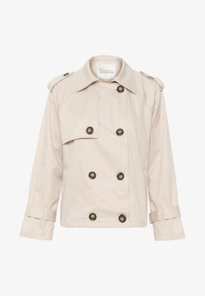 Kreemi värvi kahepoolne trench-jakk, valmistatud puuvillast, kuldsete nööpide, õlavarre epaulettide ja rullitud varrukatega. Sile tekstuur.