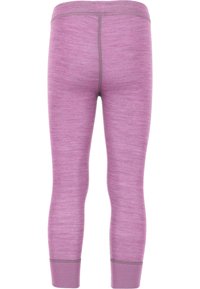 Lilla leggings lavet af et struktureret stof. De har en tætsiddende silhuet med en lidt mørkere lilla talje- og kantbånd.