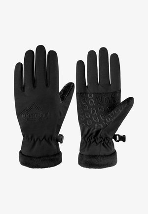 Schwarze Handschuhe aus weichem Stoff mit einer strukturierten, gemusterten Grifffläche auf den Handflächen, elastischem Bündchen und einem Futter aus Kunstpelz für Wärme.
