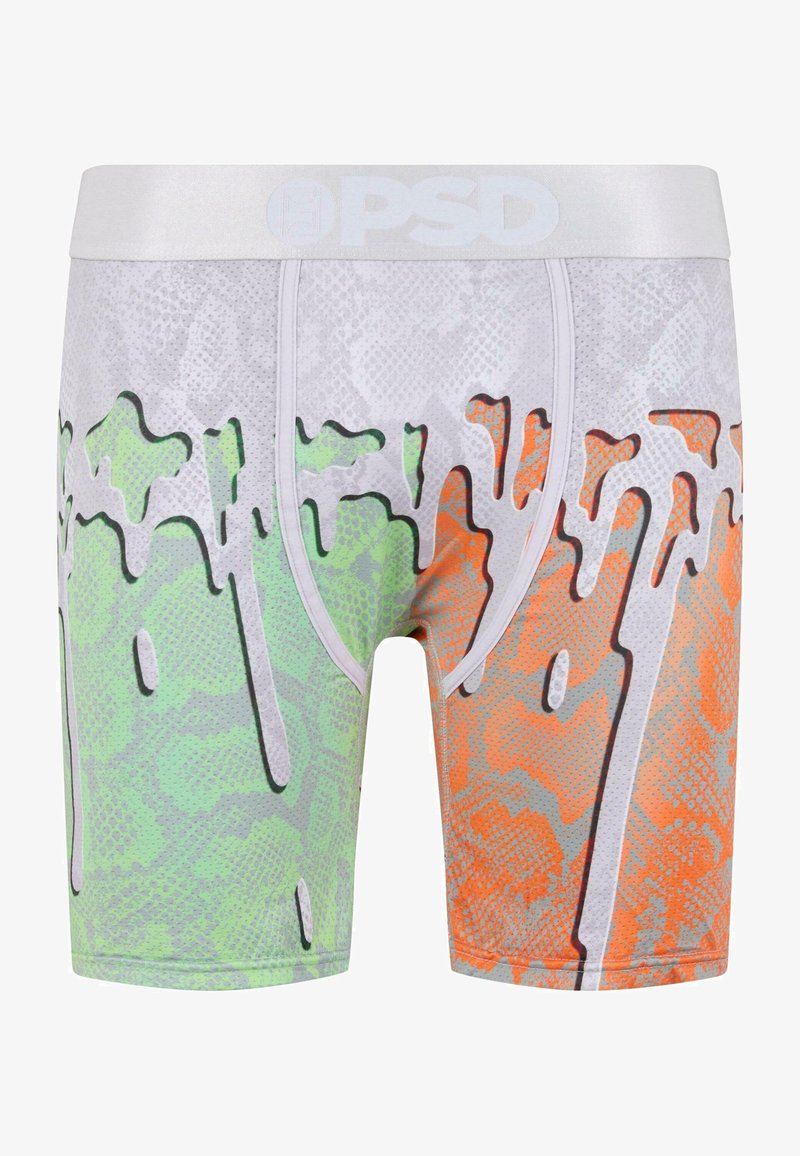 Men's boxer briefs in a vibrant pattern featuring green and orange drip designs on a light gray background, made from stretchy material.