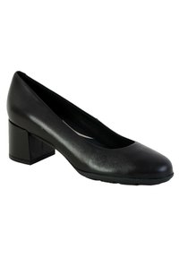 Scarpa decolleté nera in pelle con punta arrotondata e tacco a blocco di altezza media. La superficie ha una leggera lucentezza e una texture liscia.