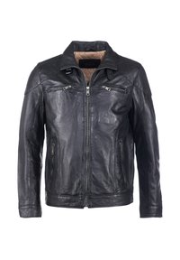 Zwarte leren motorjack met een gequilt interieur, ritszakken en een gestructureerde schouderaccenten. Heeft een staande kraag en een gladde afwerking.