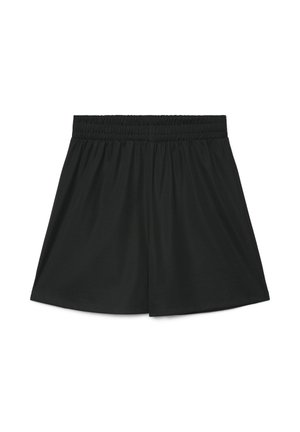 Shorts à taille élastique noire avec une coupe ample et un tissu lisse, conçus pour un usage décontracté ou sportif.