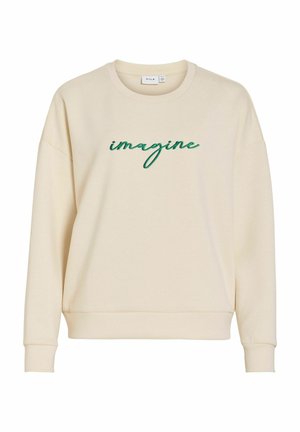 Cremefarbener Pullover mit rundem Ausschnitt, oversized Schnitt und grün besticktem Text "imagine" auf der Vorderseite. Weiches Baumwollmischmaterial.