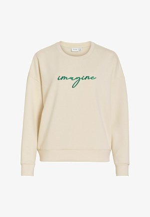 Cremefarbener Pullover mit rundem Ausschnitt, oversized Schnitt und grün besticktem Text "imagine" auf der Vorderseite. Weiches Baumwollmischmaterial.