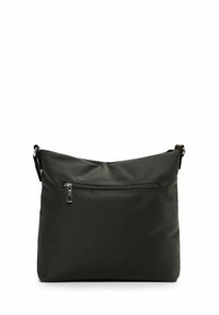 Dark green nylon shoulder bag with a zippered front pocket, a soft texture, and a simple design. Adjustable strap included.