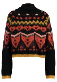 Pull-over en tricot avec un col montant, présentant un motif géométrique vibrant en noir, rouge, jaune et rose. Texture douce et pelucheuse.