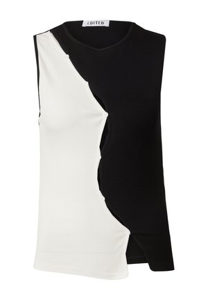 Mouwloze top met een geribbelde textuur, gespleten ontwerp met zwart aan de ene kant en wit aan de andere, versierd met knoopdetails op de naad.