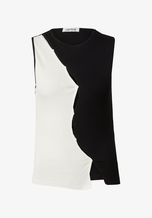 Ärmelloses Top mit gerippter Textur, mit gespaltenem Design in Schwarz auf der einen Seite und Weiß auf der anderen, akzentuiert durch Knopfdetails an der Naht.