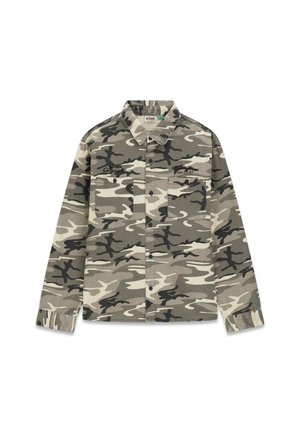 Camouflage shirt in shades of gray and beige, featuring two chest pockets, black stitching, and a classic collar design.