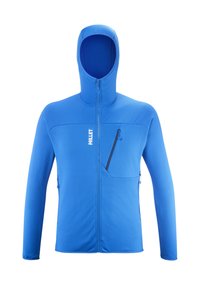 Veste à capuche zippée bleue avec une poche poitrine zippée et un logo de marque blanc sur le côté gauche.