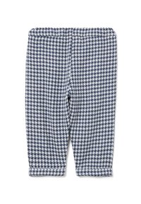Marineblauwe en witte houndstooth-gepatenteerde leggings met een elastische tailleband, een zachte textuur en een aangesloten pasvorm, zonder zichtbare hardware.
