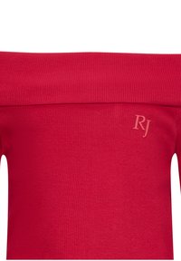 Top rosso a coste con design off-the-shoulder e logo "RJ" impresso sul lato sinistro. Tessuto liscio con leggera elasticità.