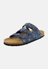 Navy blue sandals with swirling blue pattern, adjustable straps, synthetic upper, cork insole, and textured black rubber outsole.