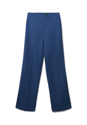 Pantalons larges bleu marine en tissu lisse. Avec une fermeture à bouton, des passants de ceinture et des lignes épurées sans embellissements supplémentaires.