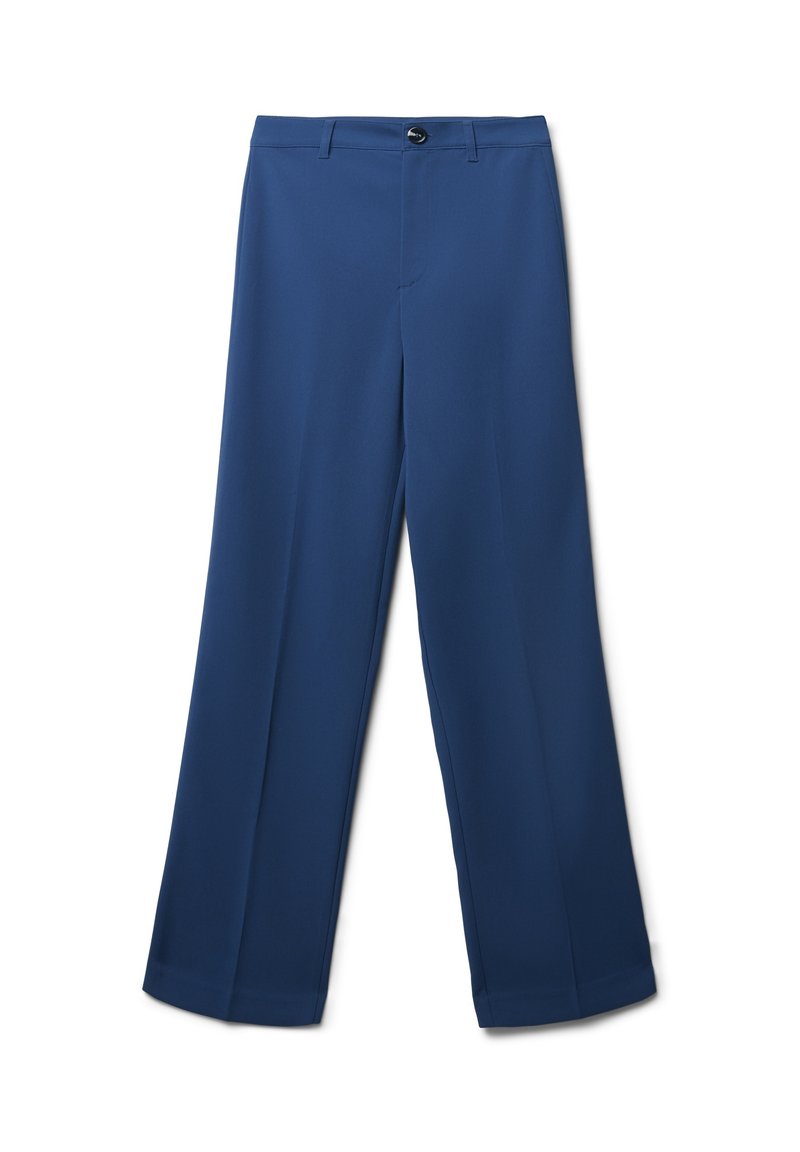 Pantaloni blu navy a gamba larga realizzati in tessuto liscio. Presentano una chiusura con bottone, passanti per cintura e linee pulite senza ulteriori decorazioni.