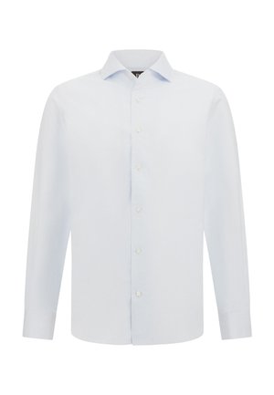 Chemise bleu clair à manches longues avec un devant à boutons, col pointu et rayures verticales subtiles. Tissu en mélange de coton, coupe standard.