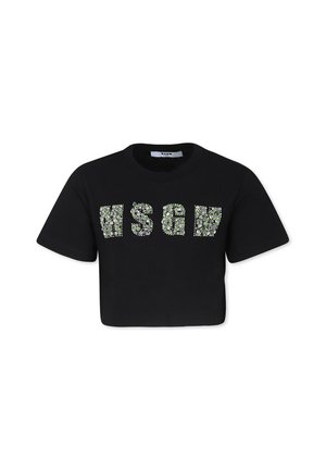 T-shirt nera cropped in cotone, con maniche corte e lettering decorativo in strass multicolori "MSGM" sul davanti.