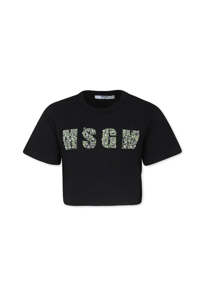T-shirt nera cropped in cotone, con maniche corte e lettering decorativo in strass multicolori "MSGM" sul davanti.