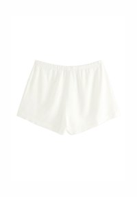 Pantaloni corti bianchi in cotone con vita elastica, caratterizzati da una superficie liscia e un design semplice. La forma è ampia e informale.