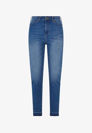 Dark blue denim jeans with a fitted design, mid-rise waist, subtle fading, and classic five-pocket style. Finished with a cuffed hem.