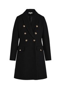 Sort uldblandings dobbeltbrystet frakke med spidse klapper, seks dekorative guldknapper og to forlommer. Struktureret stoffinish.