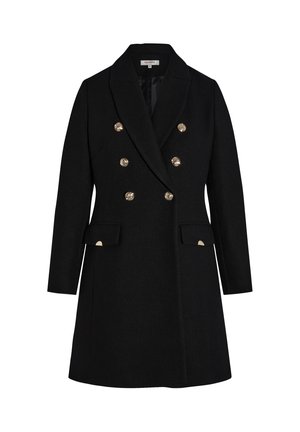Cappotto doppiopetto in misto lana nero con revers a punta, sei bottoni decorativi dorati e due tasche frontali. Finitura del tessuto con texture.