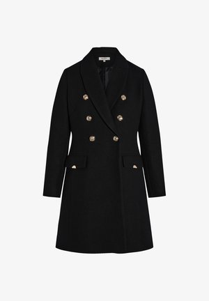 Zwarte wolmix dubbelzijdige jas met een piekende revers, zes decoratieve gouden knopen en twee voorzakken. Gelaagde stofafwerking.