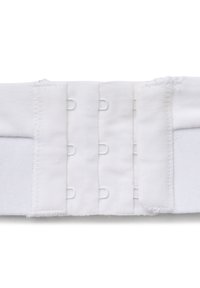 Chiusura in tessuto bianco con ganci e occhielli, dalla texture liscia, con tre file di ganci disposti in modo uniforme, attaccati a un morbido supporto in tessuto.