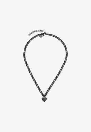 Collier en chaîne noire avec un pendentif en forme de cœur géométrique, les maillons formant une forme en V. Chaîne ajustable avec fermeture à clip.