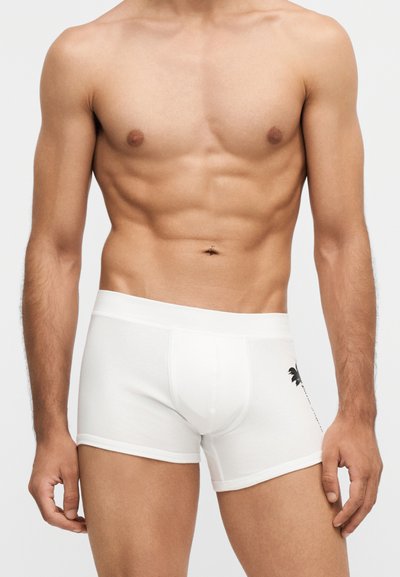Torse masculin athlétique portant un boxer blanc avec un petit motif noir de palmier à la hanche gauche sur un fond uni.