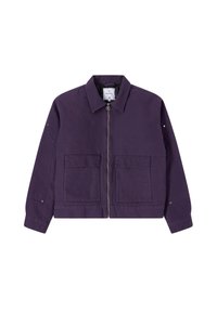 Giacca a zip viola realizzata in tessuto testurizzato, con colletto, due tasche frontali e dettagli con bottoni sui maniche.