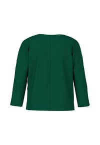 Grünes Langarmoberteil mit rundem Halsausschnitt, aus glattem Stoff gefertigt. Verfügt über eine gerade Passform und eine Mittelnaht auf der Rückseite.