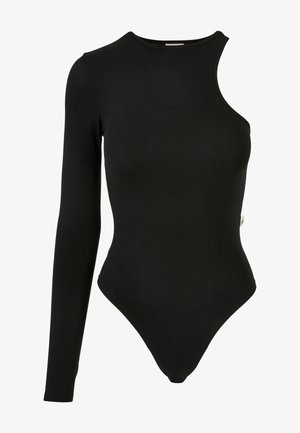 Czarny body z długim rękawem z wycięciem na jedno ramię, wykonany z gładkiej, elastycznej tkaniny o dopasowanym kroju i tyłem w stylu stringów.