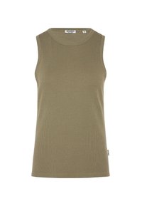 Olivengrünes ärmelloses Tanktop aus geripptem Stoff. Verfügt über einen runden Halsausschnitt und ein kleines Markenetikett an der Seite.