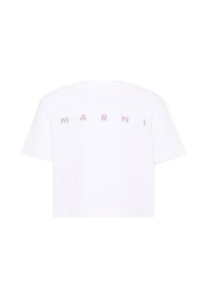 Biały krótki T-shirt z krótkim rękawem, z napisem "MARNI" na piersi, wykonanym małymi, rozłożonymi w odstępach kropkowymi literami.