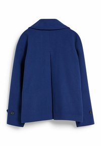 Blå ullblandad kappa med bred krage, lös passform, bakveck och knappade ärmslut. Strukturerad tyg med en slät yta.