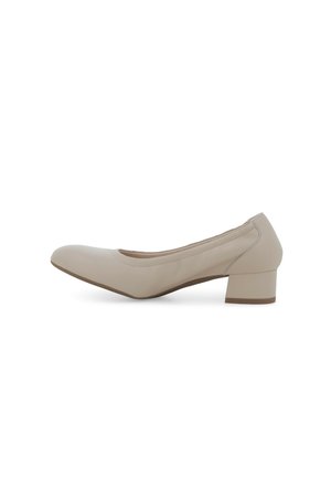 Scarpa décolleté beige da donna con tacco basso, punta arrotondata e tacco a blocchetto, mostrata di profilo su sfondo bianco.