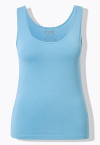 Débardeur bleu clair en tissu lisse, doté d'un col rond et d'un design sans manches, avec une étiquette intérieure visible au niveau du cou.